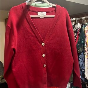 Magaschoni Ruby Red Cardigan with Floral Buttons